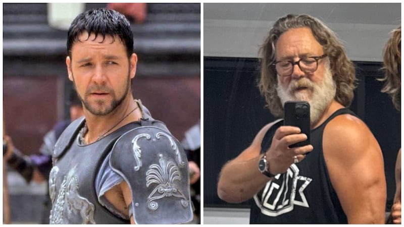 On left, Russell Crowe as Maximus in "Gladiator" (2000); on right, the actor flexes in the mirror in a 2026 selfie with his son.