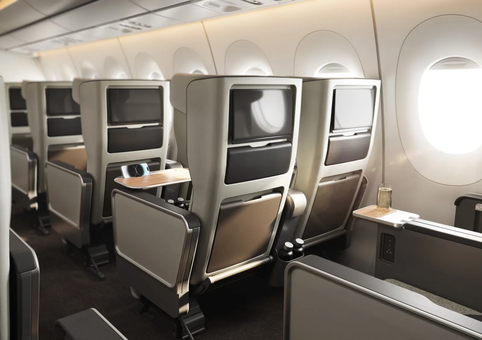 A rendering of the premium economy cabin of Qantas' A350 aircraft.