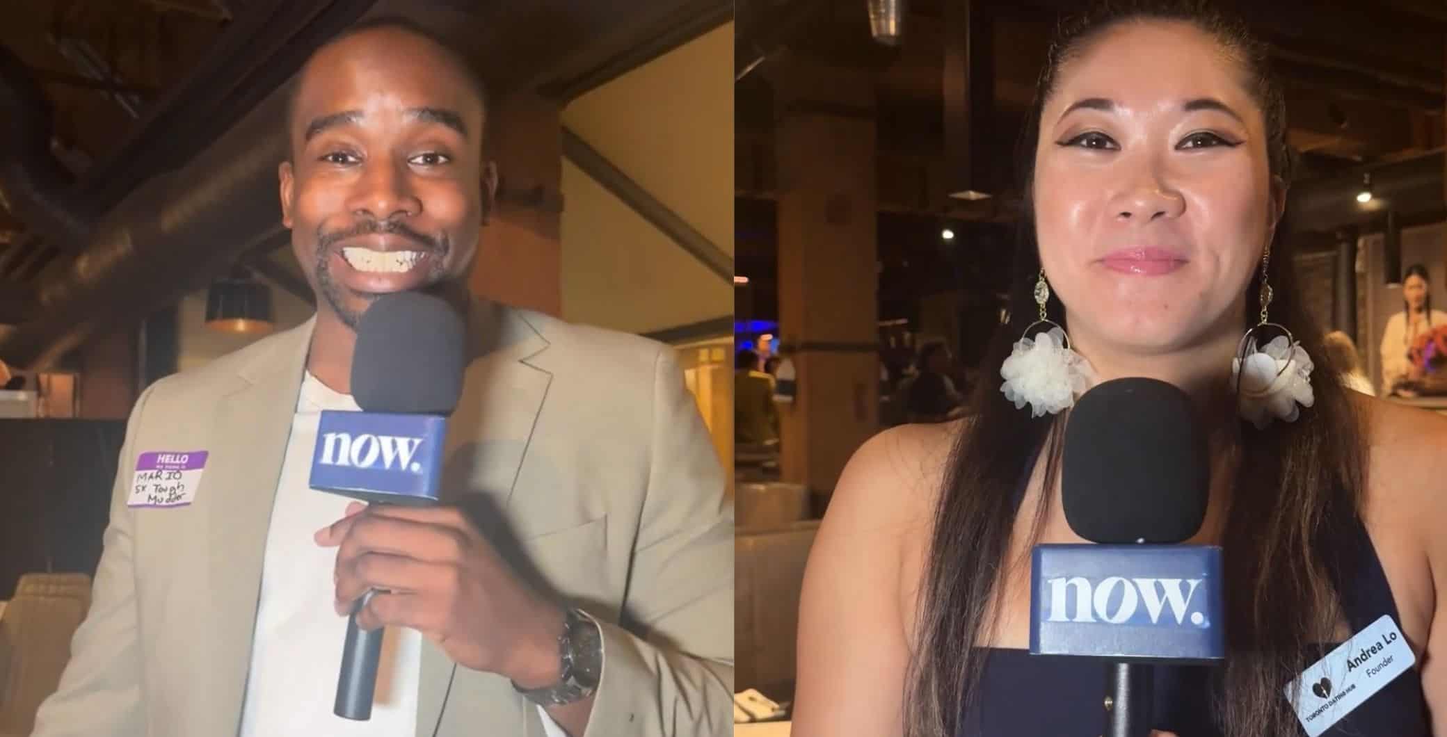 Two tall singles at a Toronto mixer hold microphones with NOW Toronto branding, smiling for the camera in a lively indoor setting.