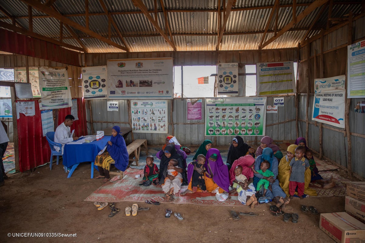 BAIDOA, SOMALIA, AUG 2026: UNICEF-supported therapeutic Programme site in Moqor iyo Mayow IDP settlement. Nutrition screening and treatment of severe wasting, immunisation, nutrition counselling.