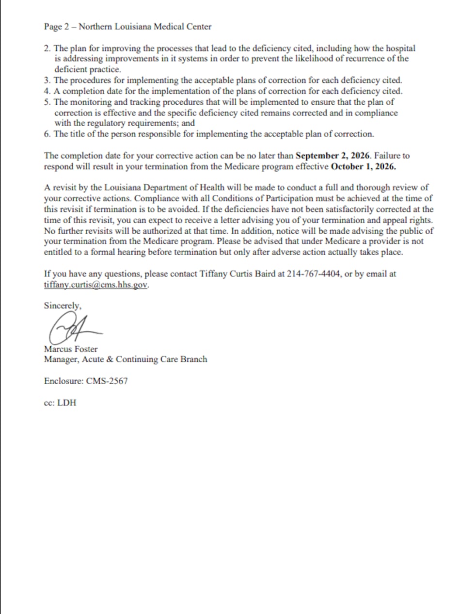 Second page of CMS' letter Aug. 18 to Northern Louisiana Medical Center saying the hopsital is...