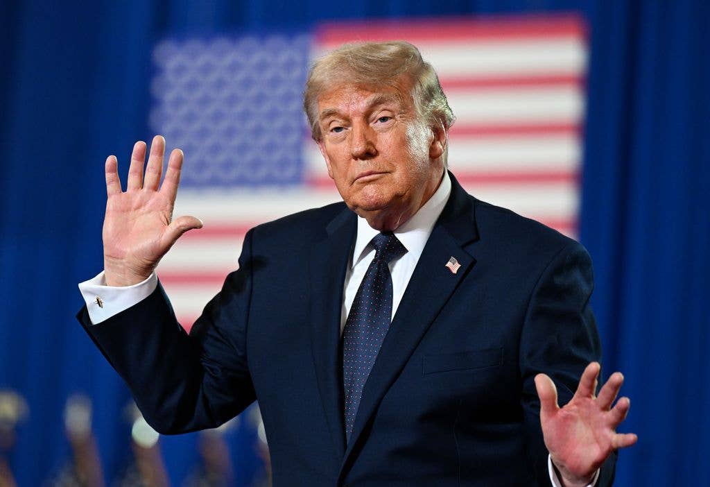 Donald Trump dances on stage after delivering remarks during a campaign and economic policy event in the Eugene Levy Fieldhouse at SUNY Rockland Community College on May 22, 2026 in Suffern, New York. Trump traveled to the Hudson Valley to help bolster the campaign of Rep. Mike Lawler (R-NY) as he seeks reelection in what is expected to be one of the nationâs most closely watched House races this November. (Photo by Roberto Schmidt/Getty Images)