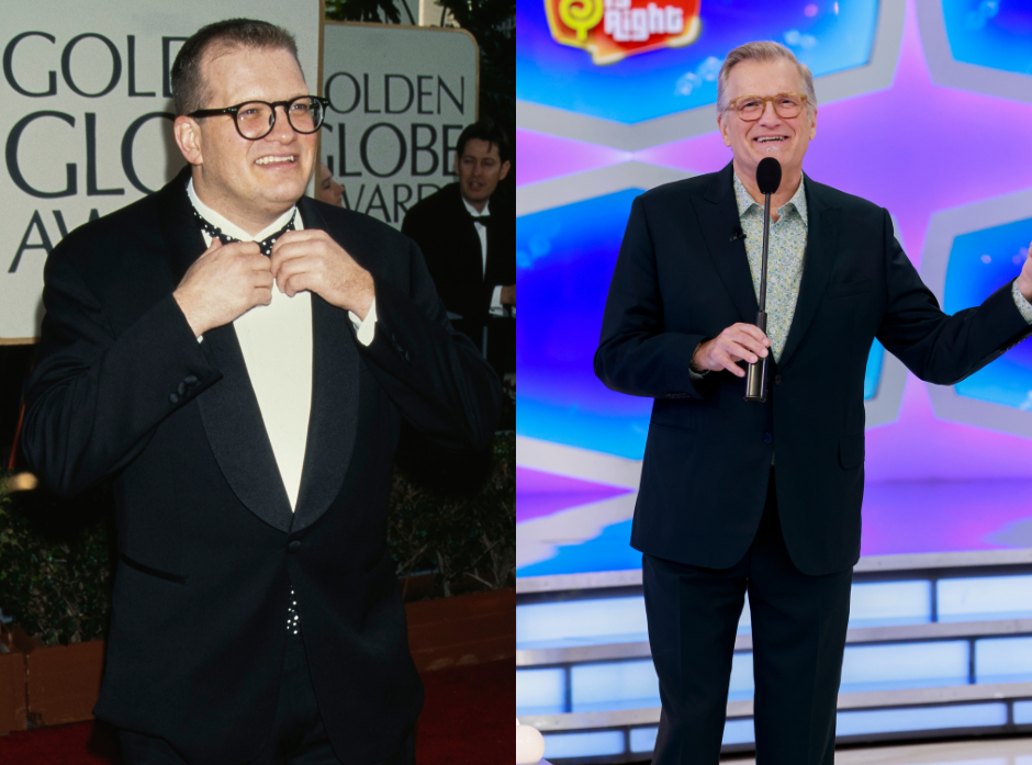 Split image of Drew Carey. On the left, seen in 1997 at the Golden Globes. On the right, hosting The Price is Right in 2024.