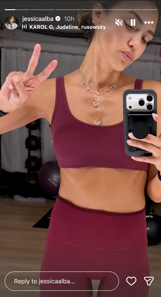 Jessica Alba in a burgundy workout set