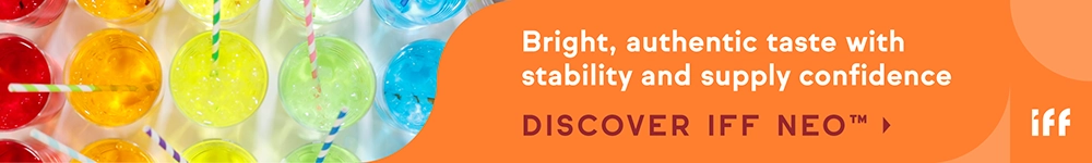 Banner with colorful drinks with straws and company logo in the right corner with call to action icon