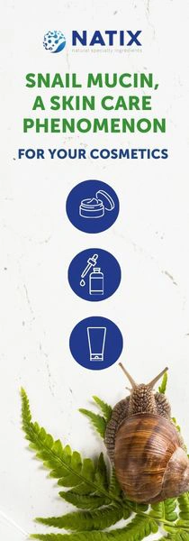 NATIX banner promoting snail mucin skincare for cosmetics, with product icons and a snail beside green fern leaves.