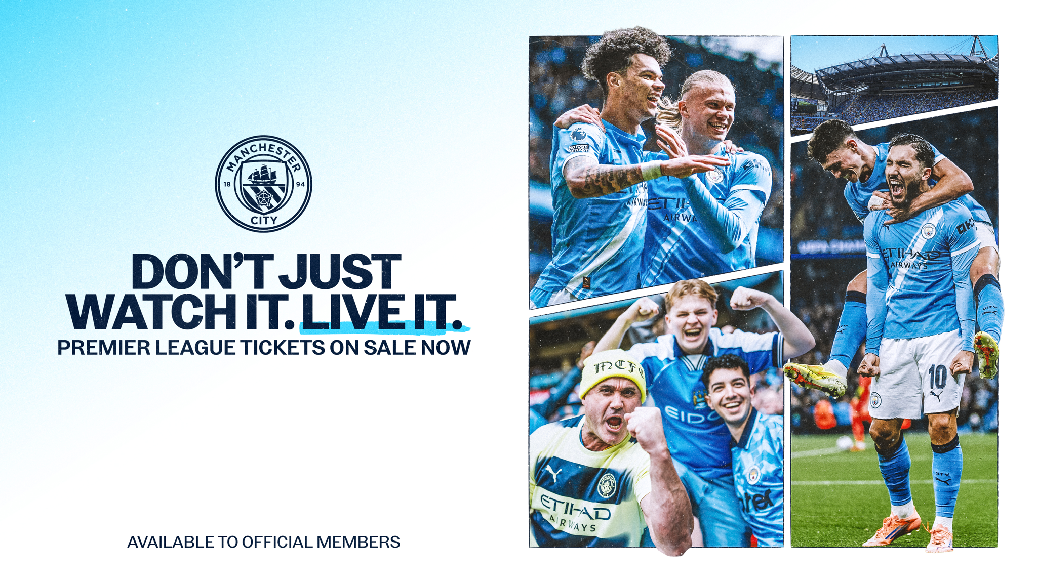 Manchester City promotional ad featuring players on the field and fans celebrating. Includes club logo and text promoting Premier League tickets for sale to official members, encouraging live spectating.