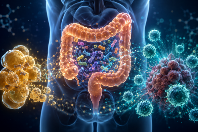 An illustration of how changes in the gut microbiome influence lipid metabolism and the antitumor responses of immune cells. Generated by generative AI.