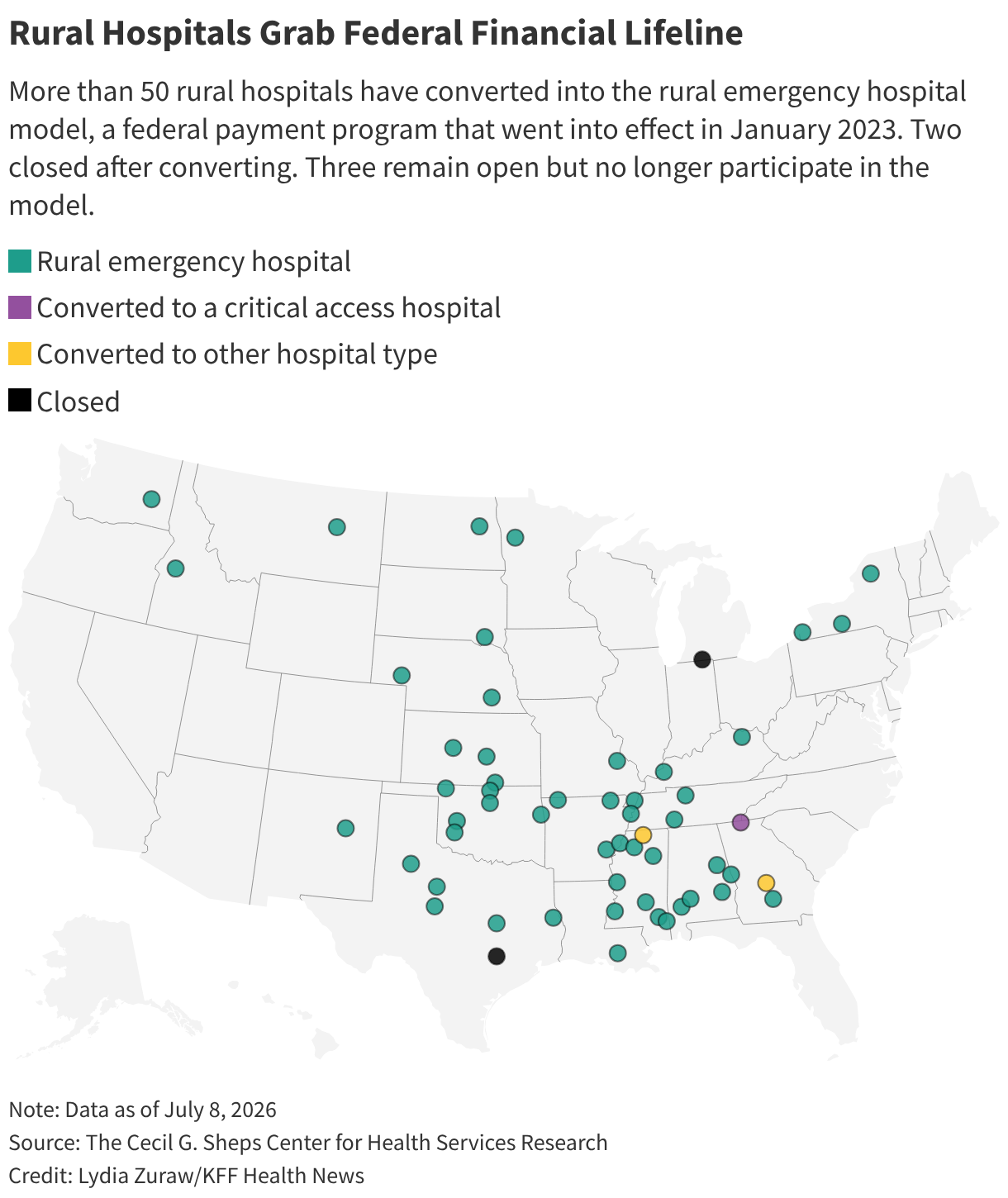 Rural Hospitals Grab Federal Financial Lifeline (Symbol map)