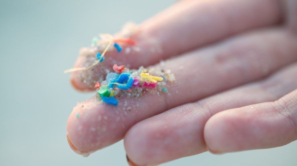 Closeup of a person holding microplastic in their fingers.