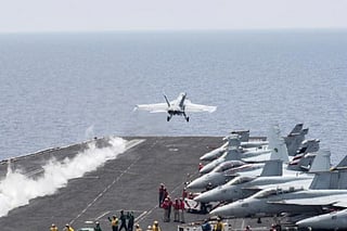 A US Navy F/A-18E Super Hornet fighter jet launches from the flight deck of the aircraft carrier USS Harry S. Truman in the Mediterranean Sea in a photo released by the US Navy June 3, 2016.