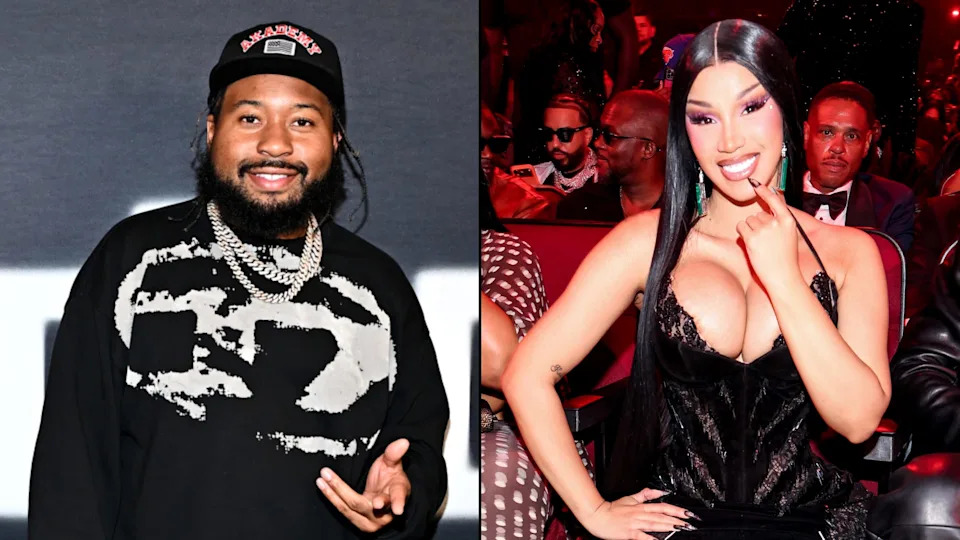 DJ Akademiks in a black outfit and hat, smiling. Cardi B in a black dress, smiling and seated at an event.