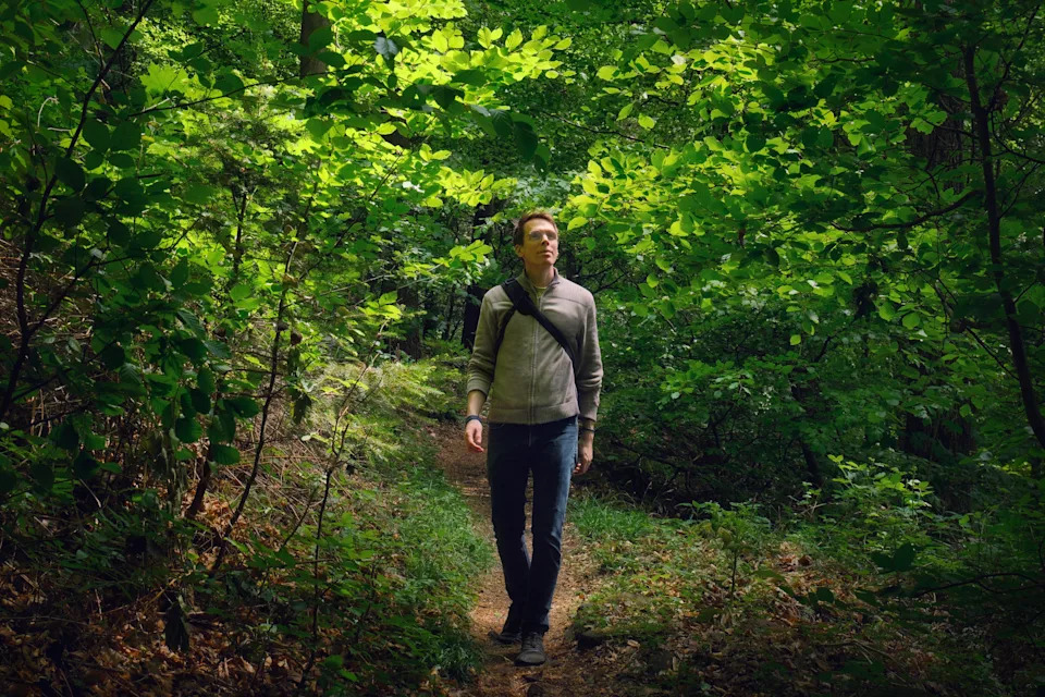 A man walks through the woods