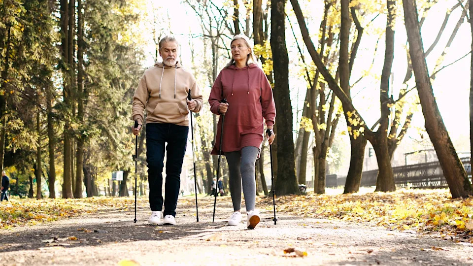 Older couple walking together in a park, an activity linked to lower dementia risk
