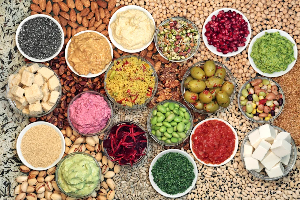 High-protein foods including chickpeas, seitan, legumes, seeds, and grains that help preserve muscle mass during Ozempic weight loss.