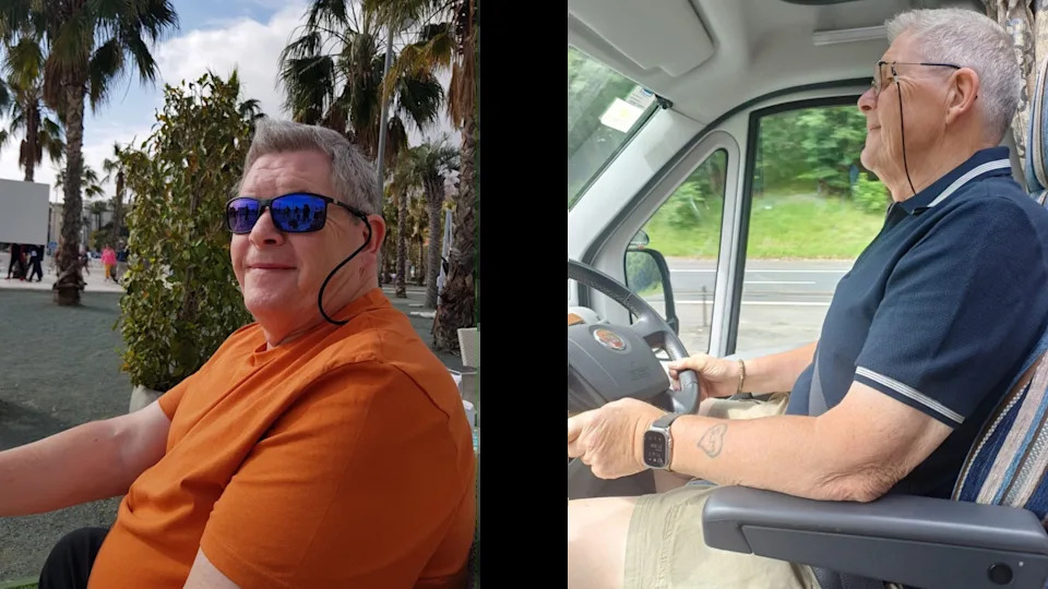 Two images of Iain. Both show him side on and facing left. In the first he is on holiday in a place with palm trees, although it looks more urban than rural or beach. He has short grey hair with a bit of a quiff and wears black shades with purple lenses. He also has on an orange T-shirt. He is very rotund with large arms and a stomach that overhangs his trouser waist. In the right hand image he is driving what looks like a van of some sort. Pictured from the passenger seat he has glasses on a string, a dark blue polo shirt and khaki shorts. He is noticeably slimmer. Still a unit, but the belly has flattened and the arms are less rotund.