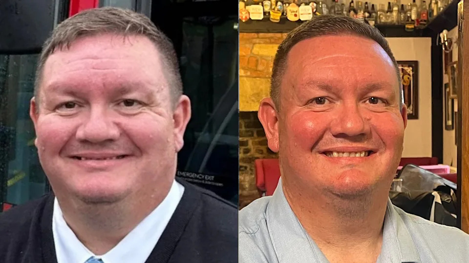 Two images of the same man, Barry, side by side. He has brown hair and is clean shaven and smiling in both. On the left he is standing in front of a bus and wearing a uniform. In the left hand side picture he is in a pub, looking more tanned and he has lost weight. He's wearing a blue shirt.