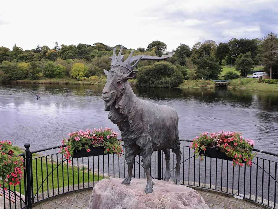A statue of a goat wearing a crown surrounded by a black fence with pink flowers in boxes in front of a body of water.