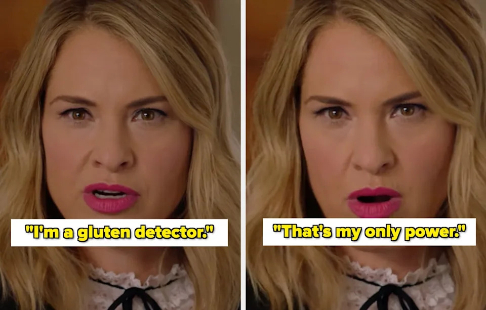 A woman with blonde hair, shown in two images, says, "I'm a gluten detector" and "That's my only power."