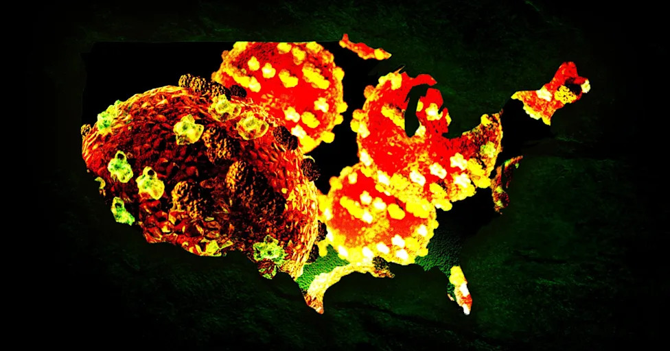 A photo illustration of the map of the USA overlaid with a close up of the measles virus.