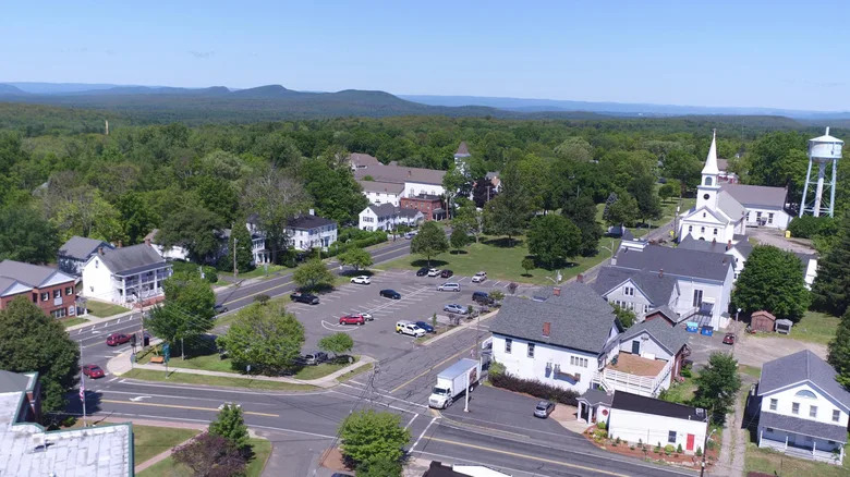 aerial view over buildings and streets in Belchertown, Massachusetts