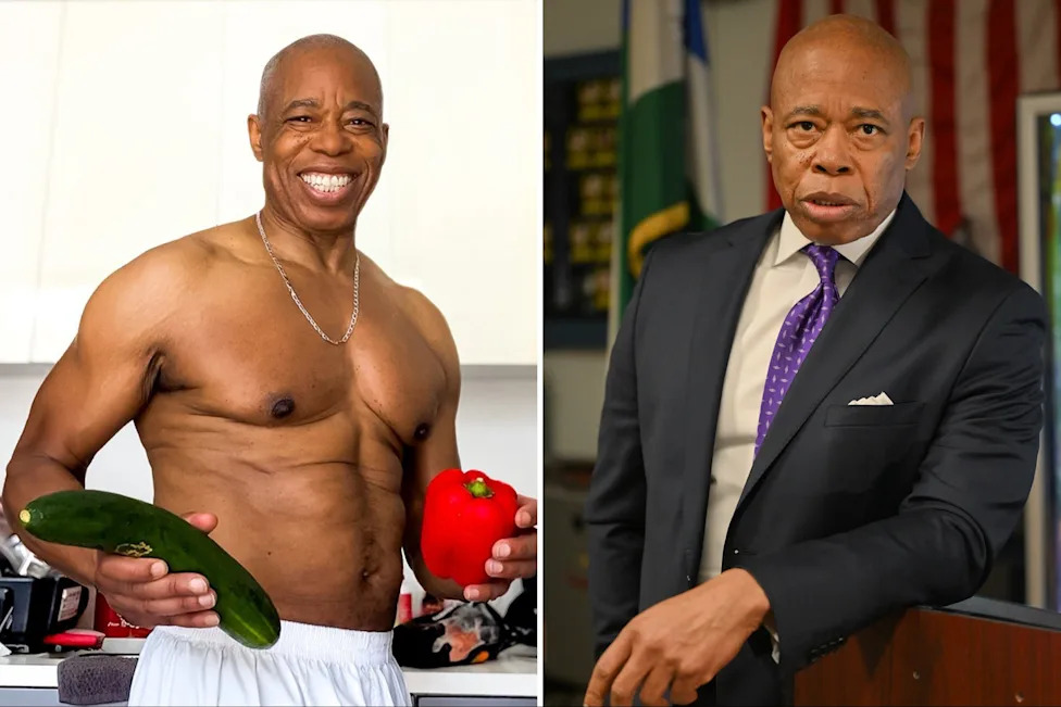 Former NYC Mayor Eric Adams really showed off his fruit by posting a bizarre, shirtless photo of himself clutching a foot-long cucumber and a red bell pepper to promote healthy eating.