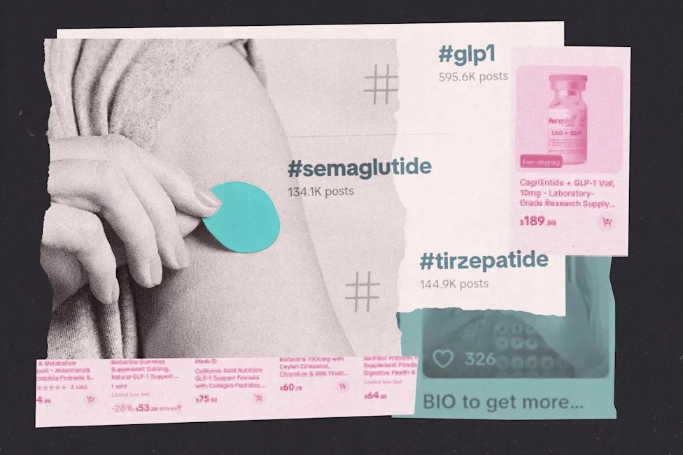 An illustrative image depicting medications including semaglutide and tirzepatide.