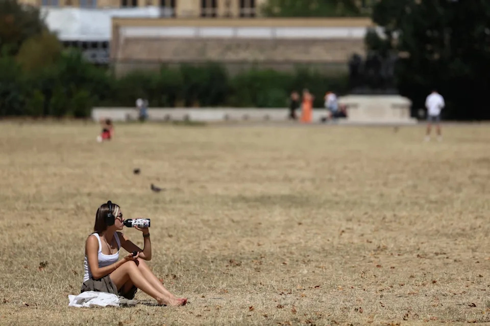 A person drinks from a bottle while sat on sun-scorched grass at Victoria Tower Gardens (AFP/Getty)