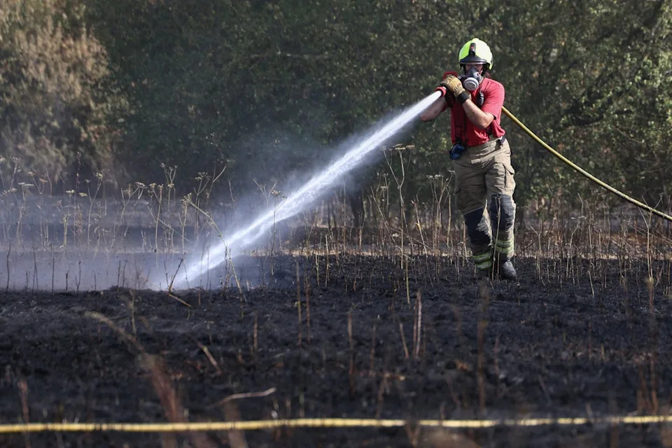 A firefighter works to contain a grass fire which started at Lake Farm Country Park in Hayes on 8 August (AFP/Getty)