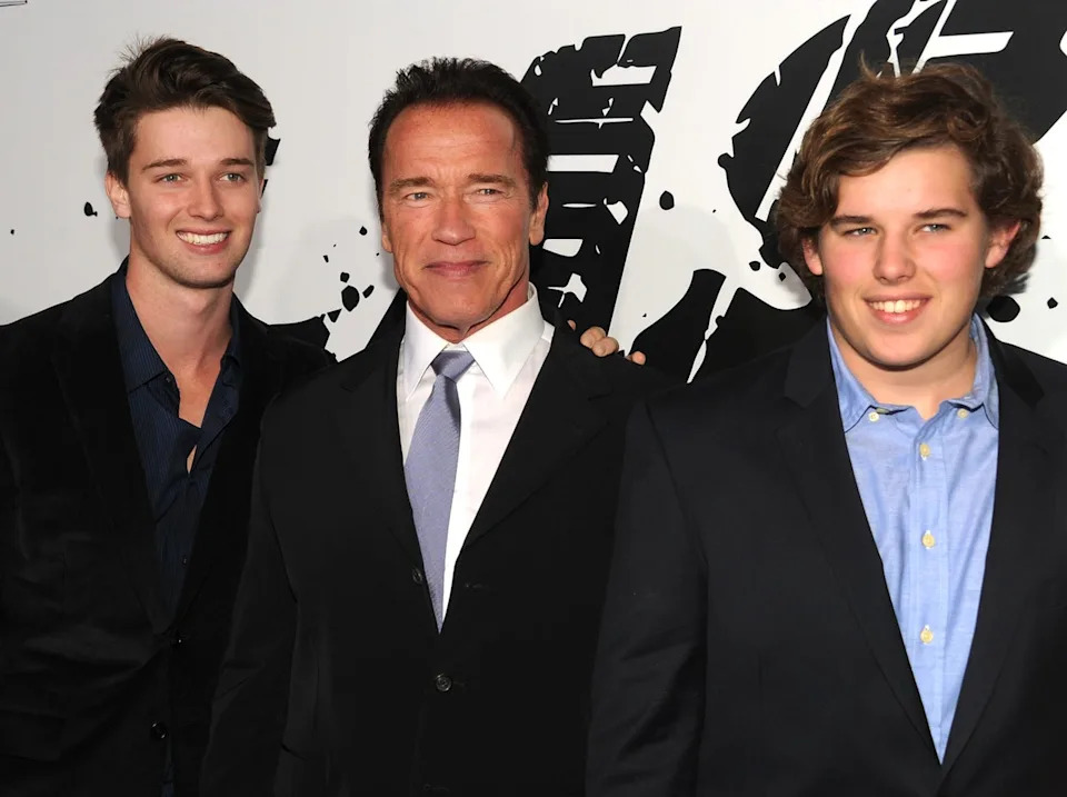 Patrick, Arnold, and Christopher Schwarzenegger, pictured at the premiere of 'The Last Stand' in 2013 (Getty)