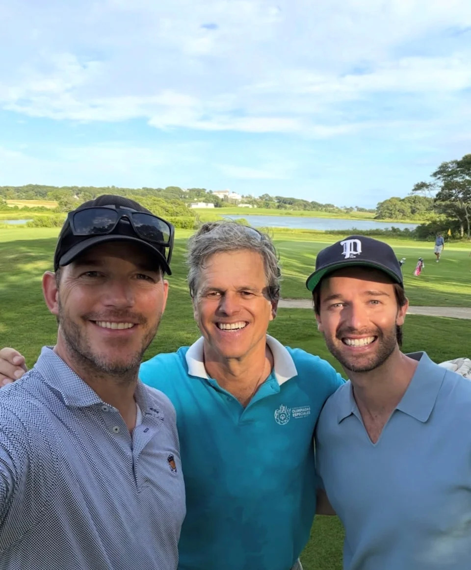 Chris Pratt, Timothy Shriver, and Patrick Schwarzenegger at a golf course in Cape Cod, Massachusetts, in August 2026. / Instagram/@katherineschwarzenegger