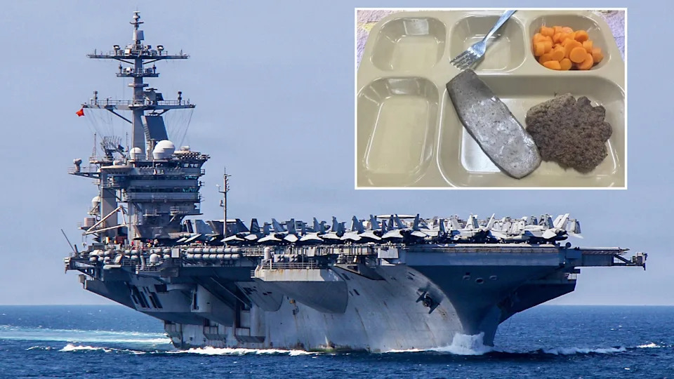 A photo composite of the USS Abraham Lincoln and images of the food being served on board during deployment. / The Daily Beast/US Navy/X