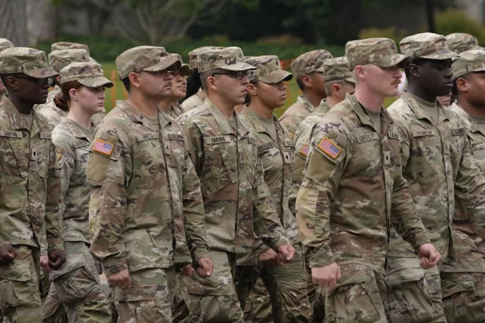 US Army soldiers march during the military parade and celebration marking the 250th anniversary of the U.S. Army in Washington, D.C., on June 14, 2025.