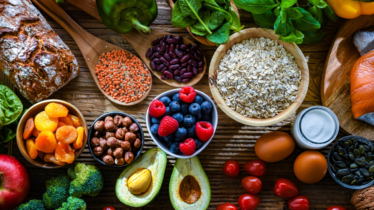 Healthy foods laid out on a table.