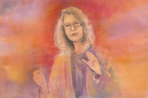 Oil painting of Elyn Saks with a red and orange background.
