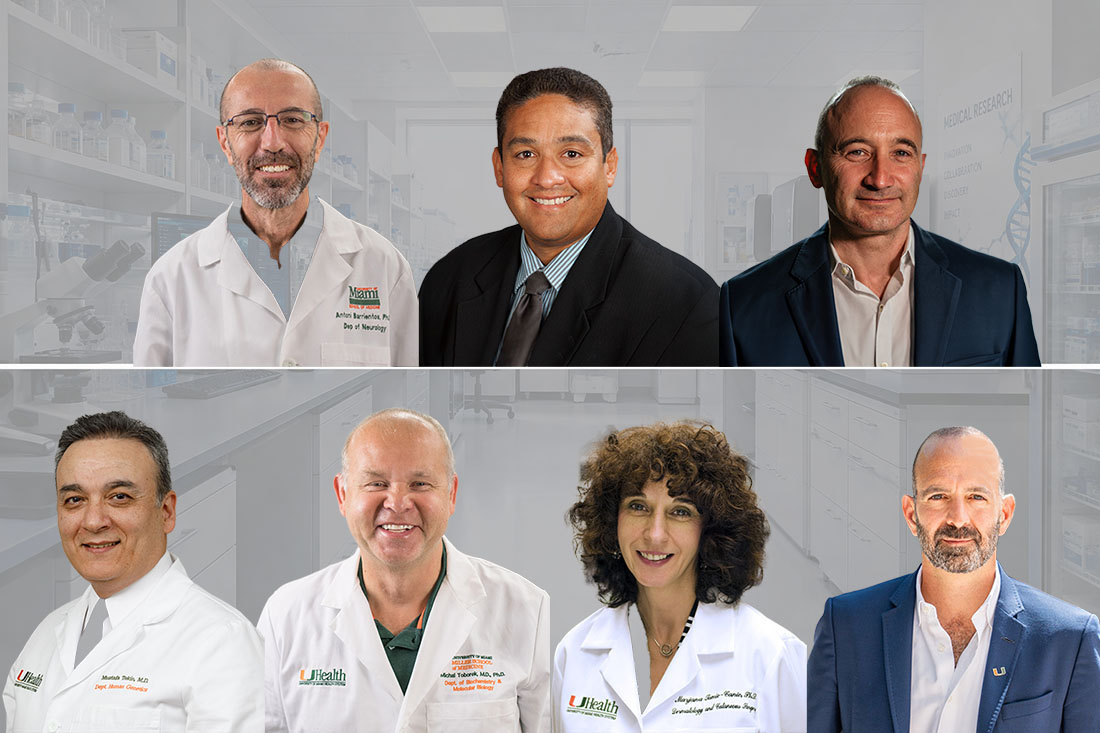 Composite image of seven University of Miami Miller School of Medicine faculty members elected to the Academy of Science, Engineering and Medicine of Florida (ASEMFL), arranged in two rows over a light gray–toned medical research laboratory background. The top row shows three portrait headshots, and the bottom row shows four, separated by a thin horizontal white line at the center of the image. From left to right, following the order referenced in the accompanying document, the individuals are Antoni Barrientos, Olveen Carrasquillo, Steven Safren, Mustafa Tekin, Michal Toborek, Marjana Tomic-Canic, and Leor Weinberger. Each person is shown from the chest up wearing either a lab coat or professional attire, with the laboratory setting—benches, shelving, and equipment—softened in the background to maintain focus on the portraits.