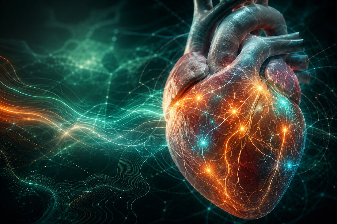 Editorial-style medical illustration showing a realistic human heart against a dark green and teal background. Glowing cyan and orange electrical pathways illuminate the heart's surface, highlighting multiple signal hotspots and interconnected conduction patterns. Flowing waves of light and translucent contour lines surround the heart, suggesting advanced cardiac mapping, precision-guided treatment and personalized atrial fibrillation research. Cinematic lighting and layered depth create a sophisticated, publication-quality visualization of heart rhythm science and precision medicine.