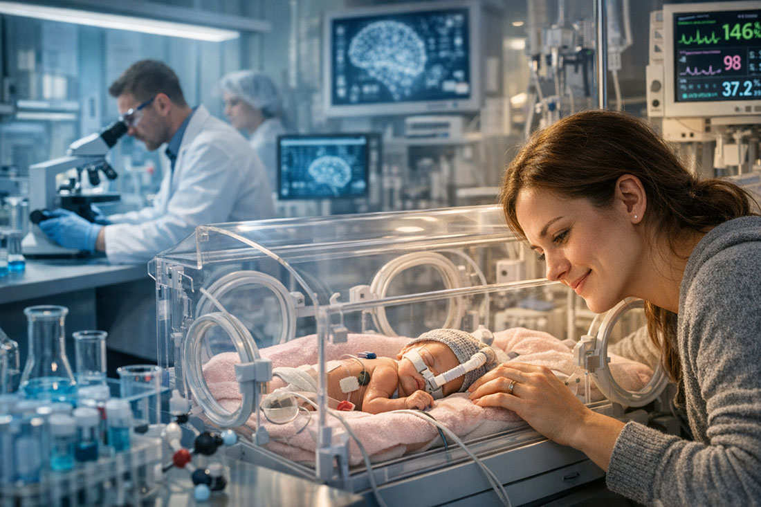 A newborn rests inside a neonatal incubator in a NICU, surrounded by monitoring lines, while a parent leans close with hands resting on the incubator. In the background, researchers work at lab benches and microscopes in a modern medical research laboratory.