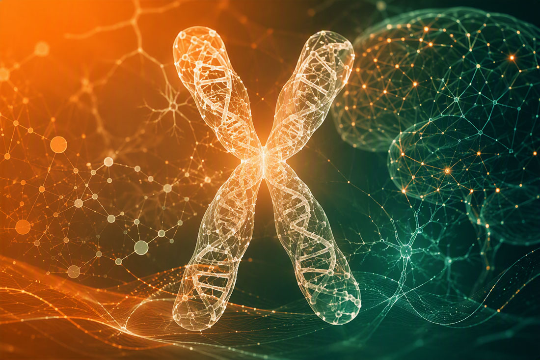 Editorial illustration depicting a luminous X chromosome composed of DNA strands and molecular networks positioned against an abstract brain-inspired background. Subtle neural connections and genomic pathways radiate outward in University of Miami orange and green tones, representing research into how X chromosome genetics and epigenetics may influence Alzheimer disease risk and contribute to differences in disease susceptibility between women and men. Inspired by NIH-funded research at the University of Miami Miller School of Medicine.