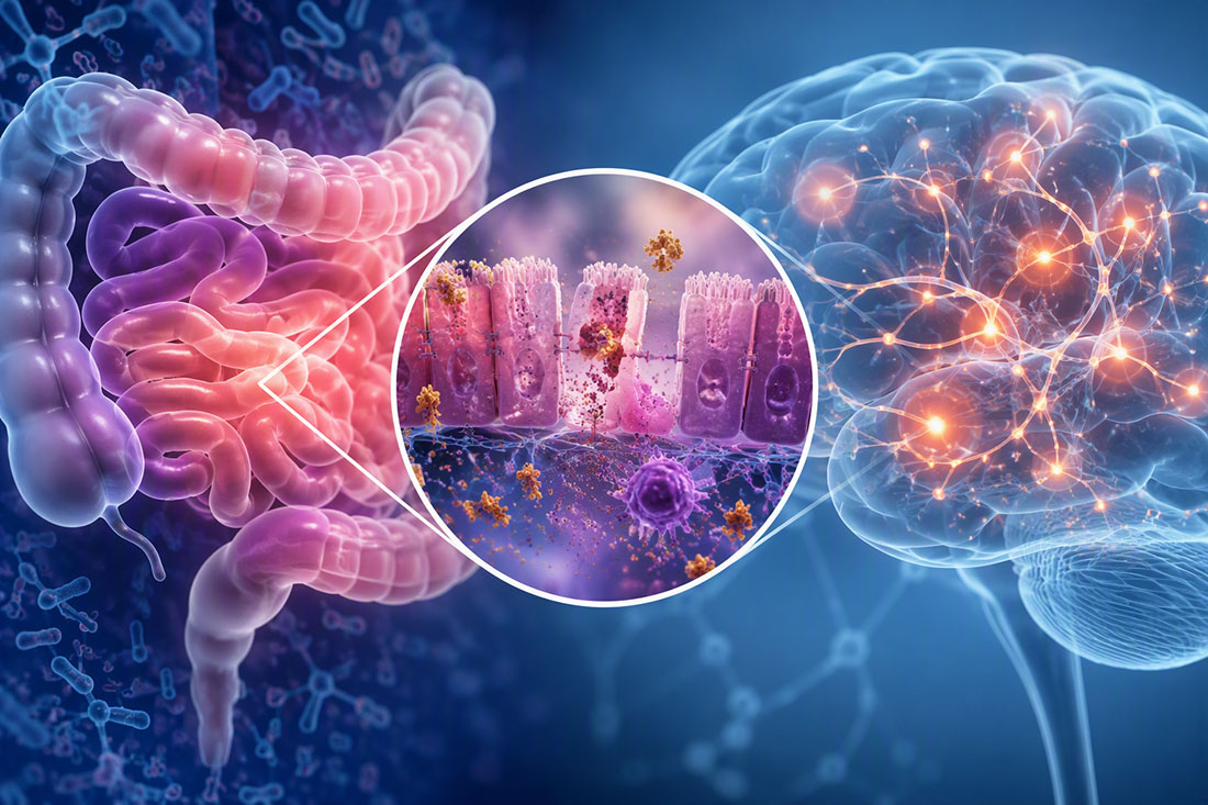 AI-generated Illustration depicting the gut-brain connection in Alzheimer's disease, featuring a translucent digestive tract on the left and a neural network–like brain on the right. A magnified cross-section of the intestinal lining in the center highlights gut barrier cells, microbes, and inflammatory particles, suggesting interactions between the gut microbiome, intestinal health, and brain function.