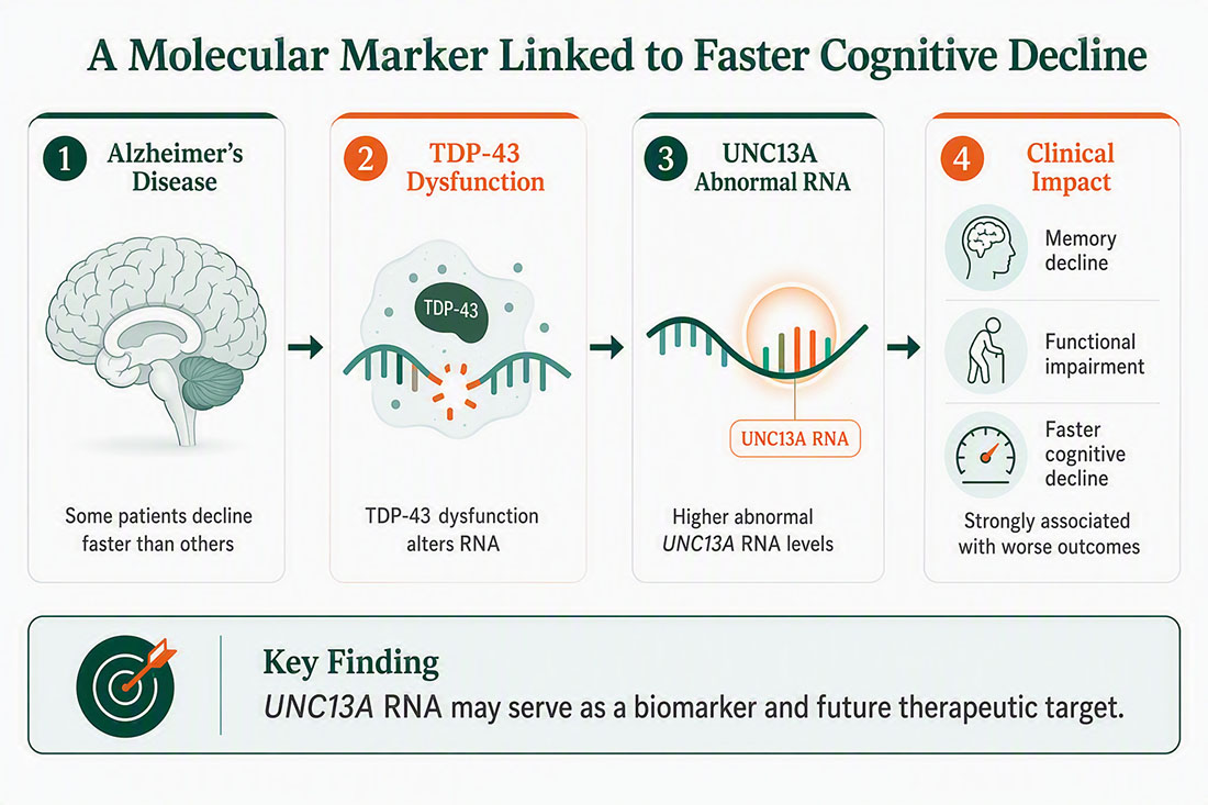Infographic illustrating a proposed molecular pathway linking TDP-43 dysfunction to faster cognitive decline in Alzheimer's disease. Four connected panels show: (1) Alzheimer's disease, represented by a brain graphic and a note that some patients decline faster than others; (2) TDP-43 dysfunction altering RNA processing; (3) abnormal UNC13A RNA levels associated with TDP-43 dysfunction; and (4) clinical impacts including memory decline, functional impairment and accelerated cognitive decline. A highlighted key finding states that UNC13A RNA may serve as a biomarker and future therapeutic target.