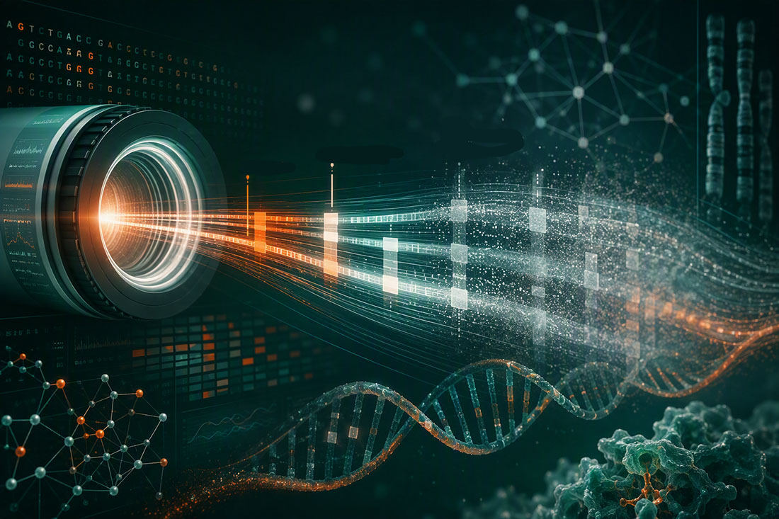 Illustration representing rapid genome sequencing and genomic data analysis. A large high-tech lens projects streams of light and digital data across the image, intersecting with DNA strands, genomic sequences, molecular structures, network diagrams and chromosome imagery in shades of green, teal, white and orange.