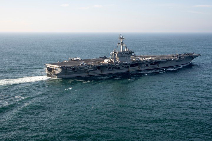 The USS George Washington aircraft carrier is pictured off the coast of Argentina, May 30, 2024.(AP Photo/Victor R. Caivano, File)