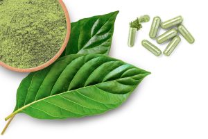 Green medicine capsules with powder and Kratom leaves.