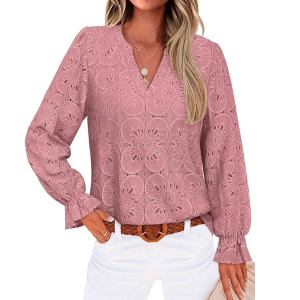 RUMIA Womens Blouses V Neck Eyelet Lace Tops
