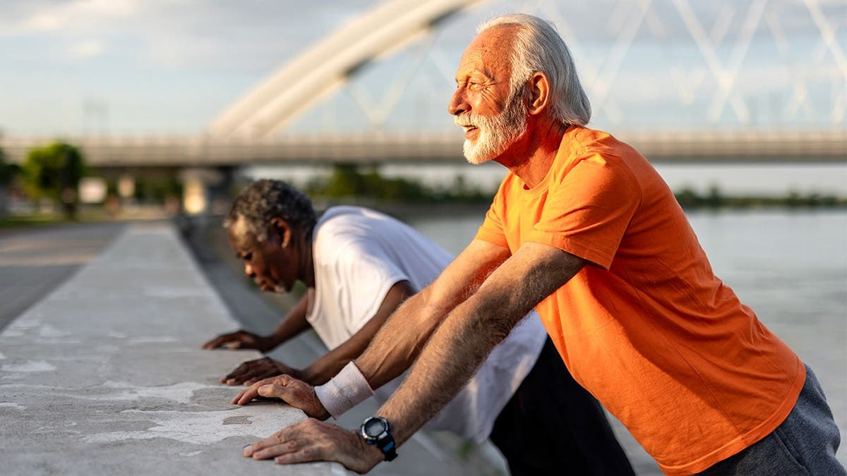 Two senior men perform push-ups outdoors near riverfront.