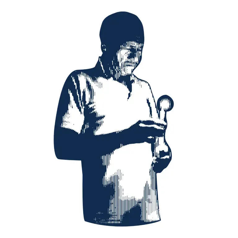 navy halftone illustration of a man holding a lit candle