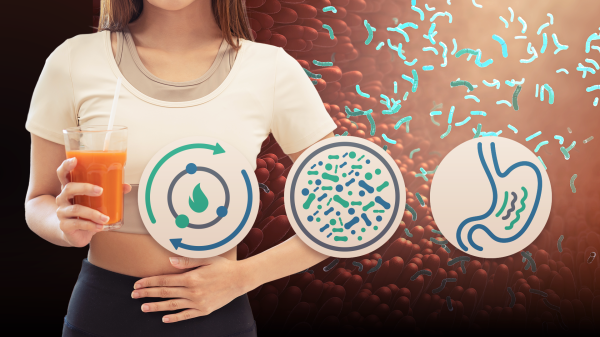 illustration of woman holding her stomach while drinking orange juice with microbes in the background and icons representing the stomach, metabolism and microbiome