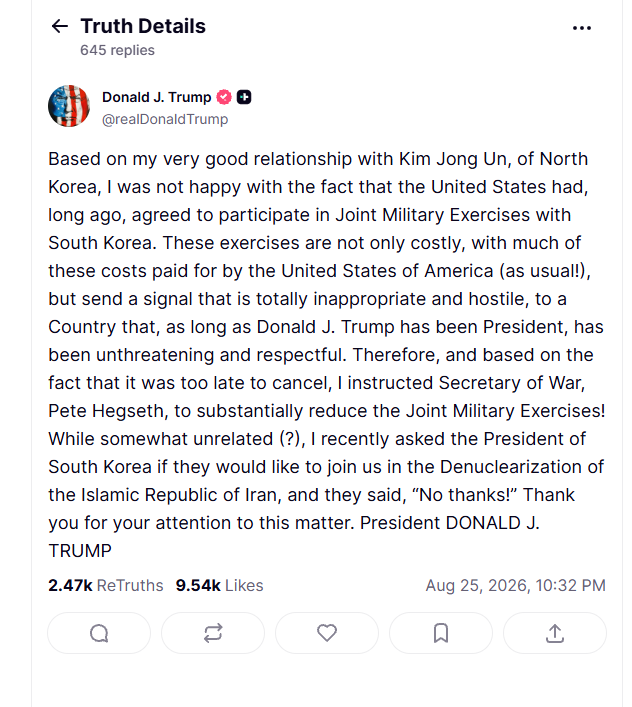 Screenshot of US President Donald Trump's Aug. 25 post on Truth Social (The Korea Herald)