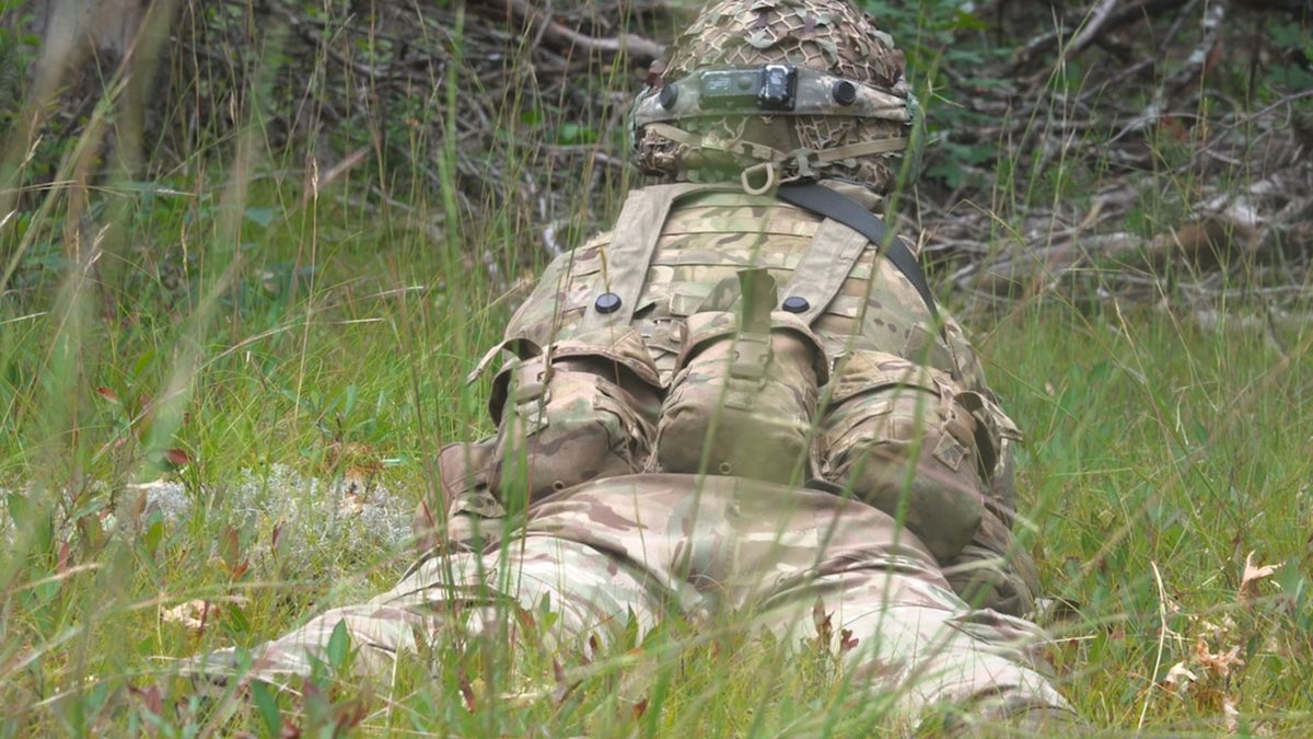 U.K. soldier takes position during Northern Strike training